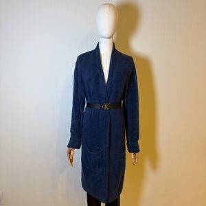 QIXING Fluffy Navy Blue Long Open Front Cardigan Pocketed XL